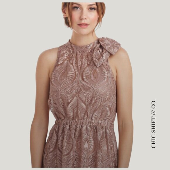 Latte Midi Dress | JS Collections | Illusion Halter | Floral Embroidery | Size M - Picture 1 of 7